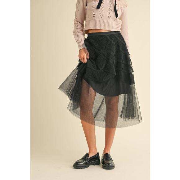 Frill Mesh Tulle Midi Skirt Black - Picture 6 of 7